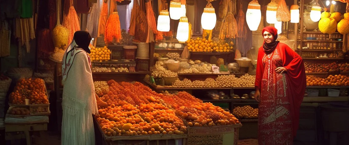 A full-length Palestinian girl wearing an embroidered dress and a white embroidered shawl buys oranges from an old seller wearing a keffiyeh in the market of Jerusalem, 100 years ago, at night with multi-colored lights reflecting on her.