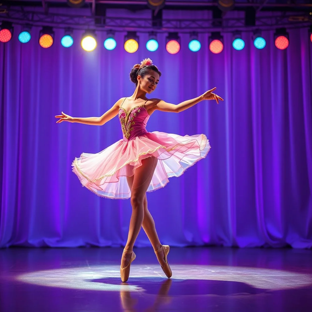 create of a beautiful balerina in pretty clothing in a modern cifi stage in her performance cinamatic lights .dancing lambada