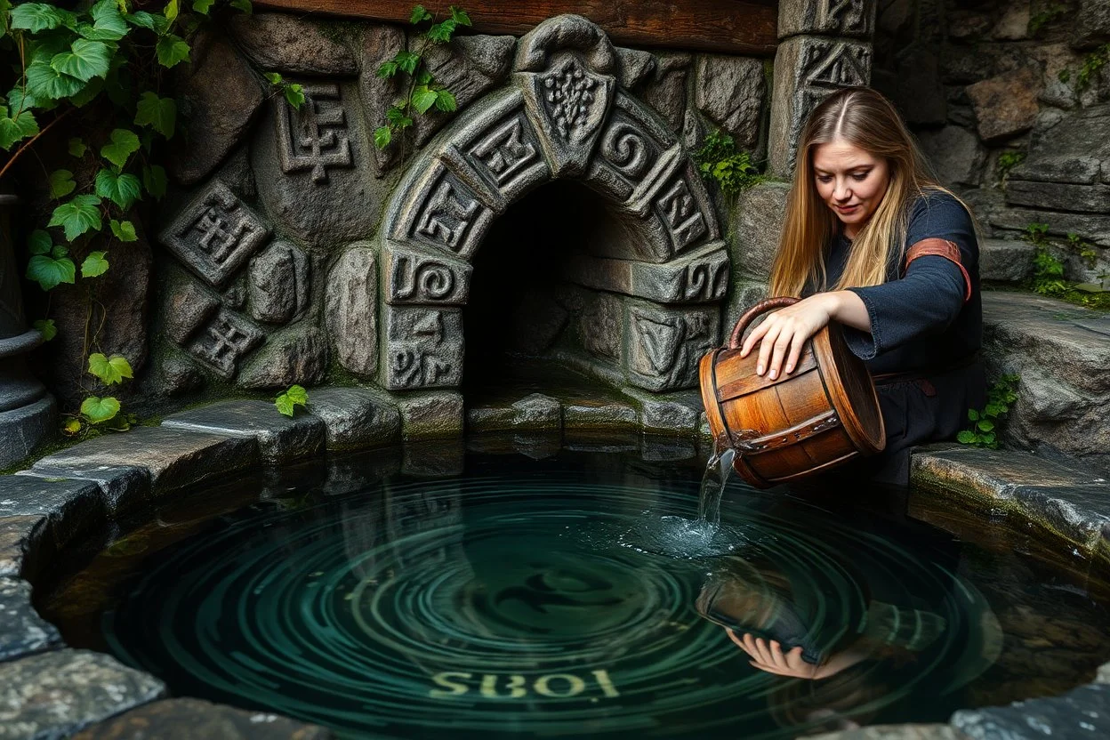 A closeup shot of the Ancient Well, medieval fantasy style with mysterious undertones. The well's weathered stones are intricately carved with cryptic symbols and forgotten stories, partially veiled by climbing vines and moss. Healer Ilara draws water with a wooden bucket, her expression gentle as she watches children playing nearby, but her eyes betray subtle concern. The water's surface shows unusual patterns - mostly clear but with subtle, inexplicable swirls of cloudiness catching strange li