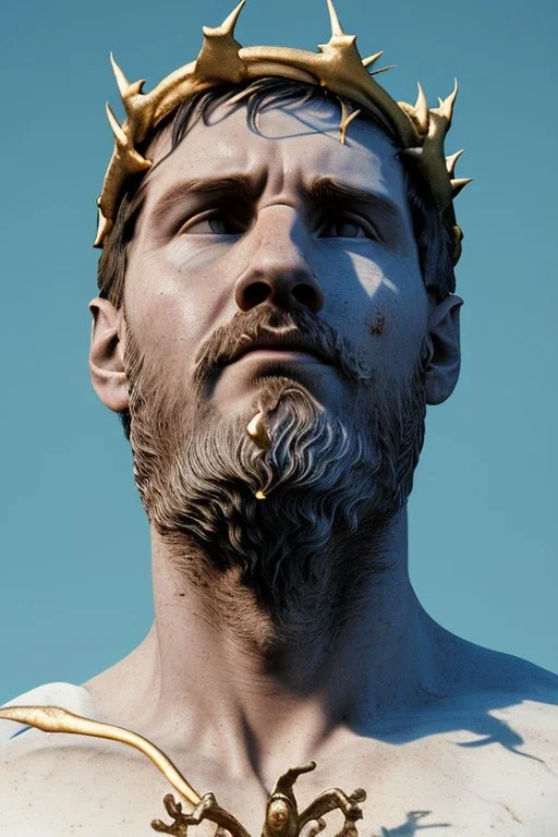 Ultra Realistic image, Roman sculpture, white marble material, Lionel Messi, gold crown of natural thorns, god crown, Renaissance style, sun rays background, waist up portrait, epic, celestial, cinematic lighting, God lights, 4k resolution, smooth details, soft lighting, unreal engine 5, art station, substance 3d.