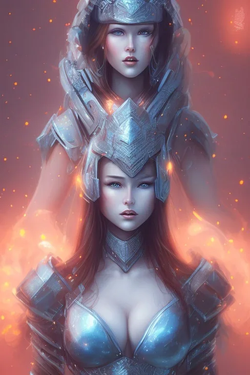 Beautiful warrior girl, wearing heavy futuristic armor, glowing orange lights armor, snow mountain background, snow, fur cloak