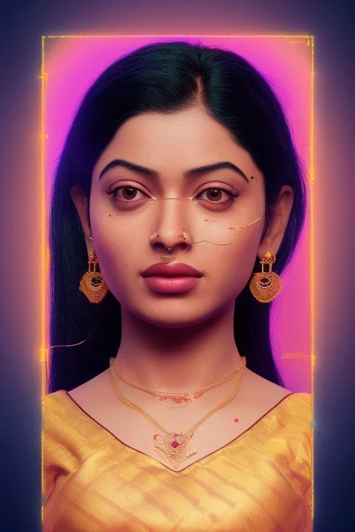 South Indian actress Rashmika Mandanna, by Mahmoud Sai, Cartographic, Circuitry, Golden Hour, Closeup-View, 16k, Lumen Global Illumination, Diffraction Grading