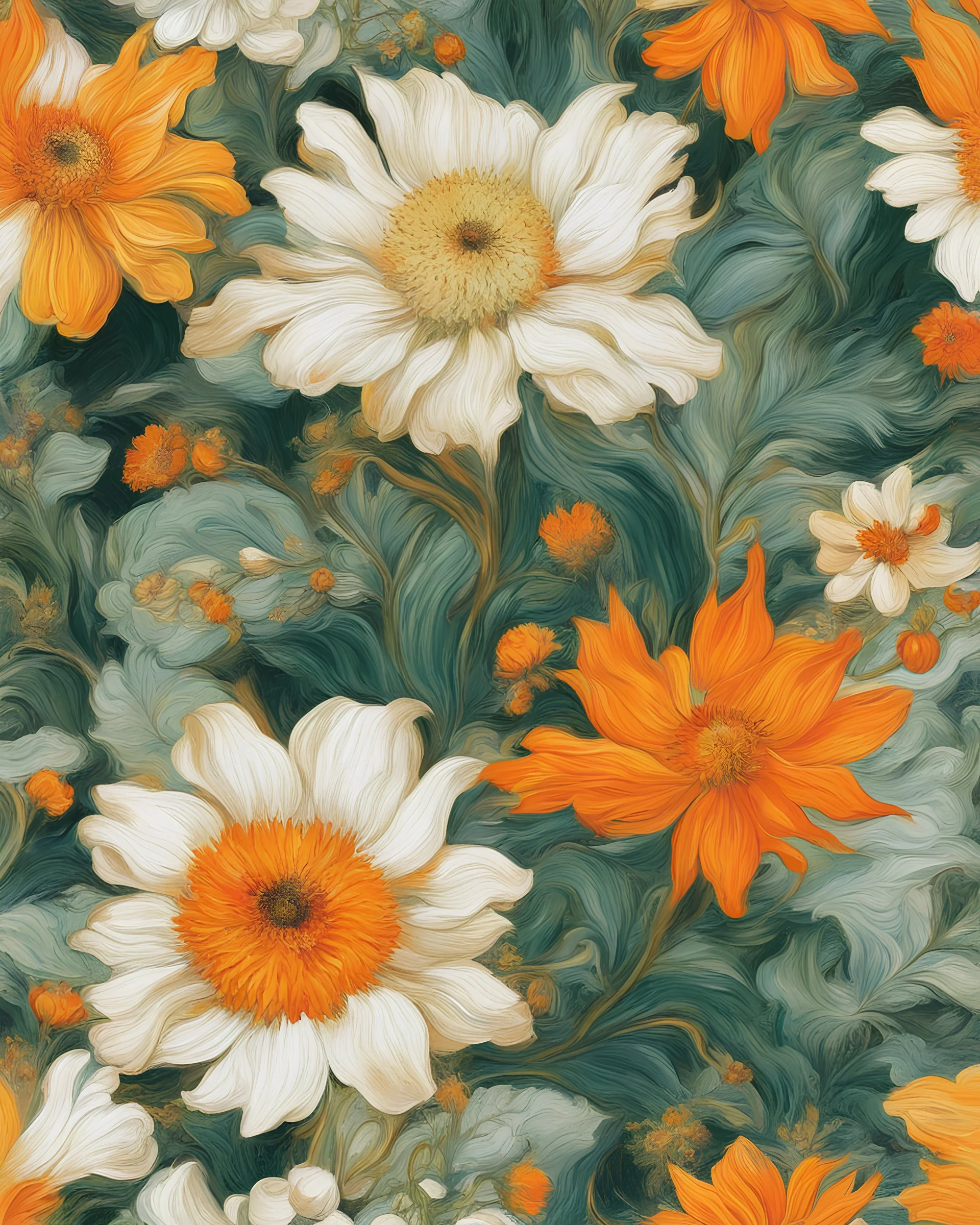 bright light and dark green, gold and orange flower van Gough white background