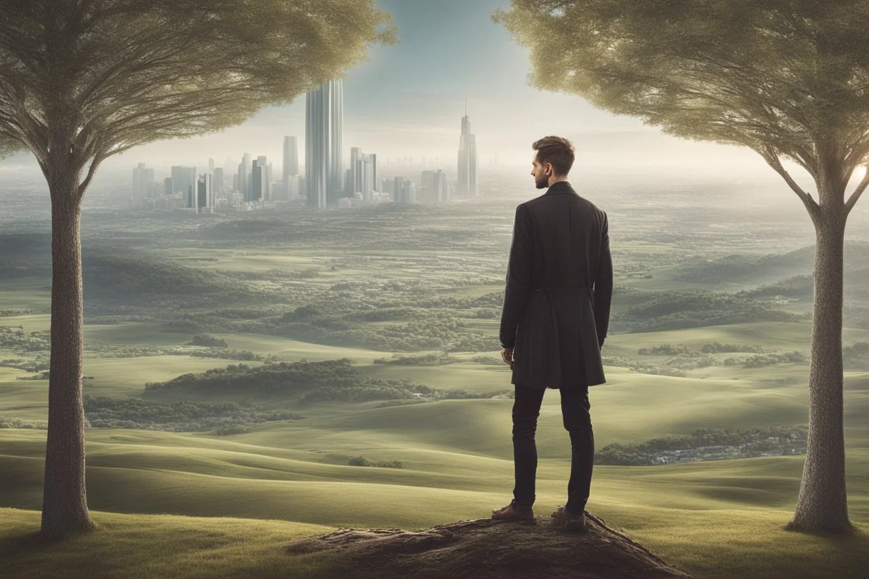 man standing in a split picture, open countryside, with trees on one side and a pristine futuristic city on the other side