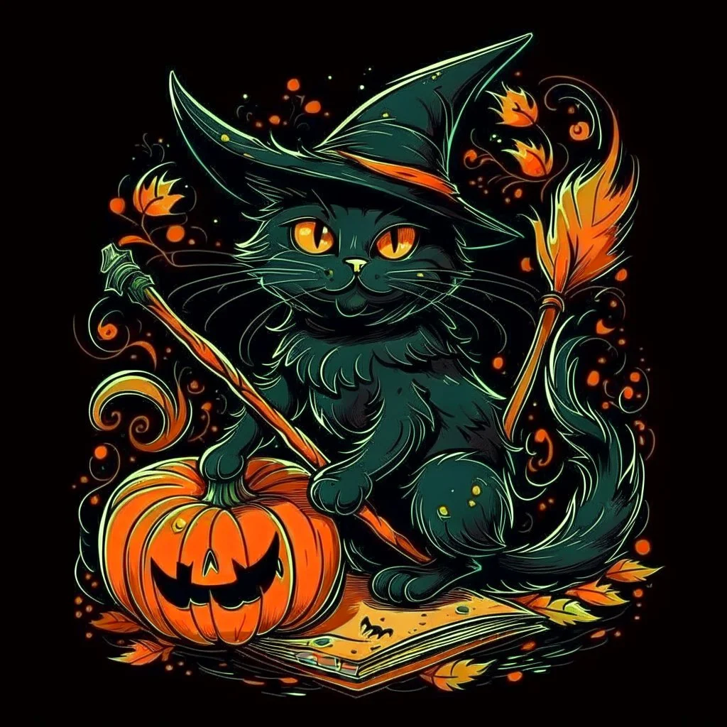 A detailed illustration of a print of a colorful cute black cat rides a broom has orange eyes and it wear witch hat and hold a book and peen next to a cute Halloween Pumpkin, hyper realistic high quality, t-shit desing graphic, vector, carton, contour, fantasy swirls splash, modern t-shirt design, in the style of Studio Ghibli, light white red and green pastel tetradic colors, 3D vector art, cute and quirky, fantasy art, watercolor effect, bokeh, Adobe Illustrator, hand-drawn, digital painting,