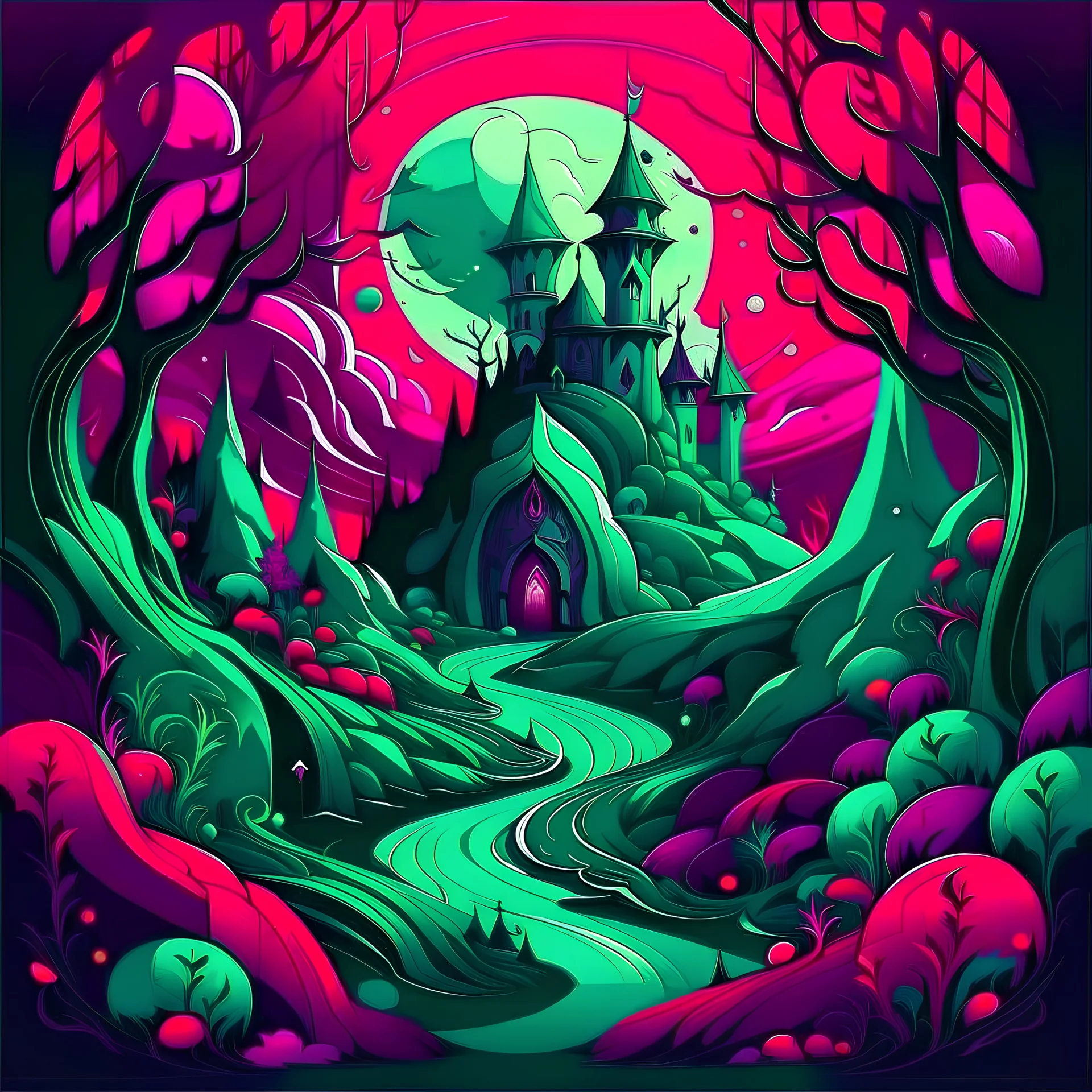 Create a fantasy illustration using only the solid colors Purple, Red, Green, and White. Please avoid the use of black and any other colors, ensuring all shades, shadows, and dark parts are represented solely by mixing these four specified colors