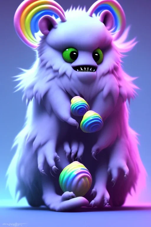 cute monster, fluffy , beautiful, blender 3d, rainbow, soft pastels, by edgar allan poe