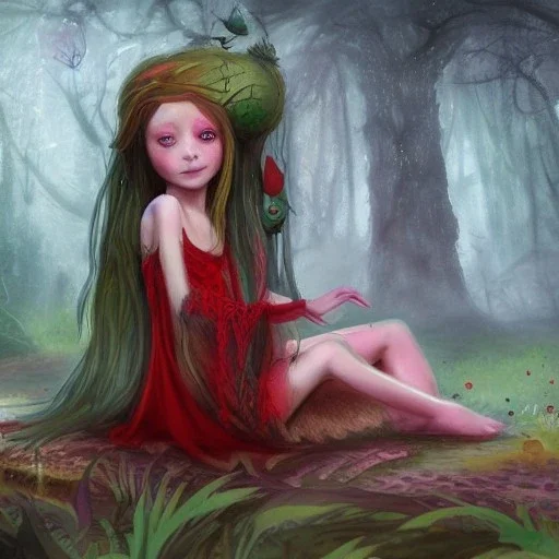 A portrait of a Little fairy woman with green skin and red long hair, sitting under the large Amanita muscaria mushroom in the magic forest, concept art, dark fantasy style, dark and spook, illustration, digital art, d&d, very cute,Masterpiece, best quality, sharp line, sharp focus, rear view : digital painting extremely detailed fantasy beautiful award winning high definition colourful very cute ,correct ai auto settings.