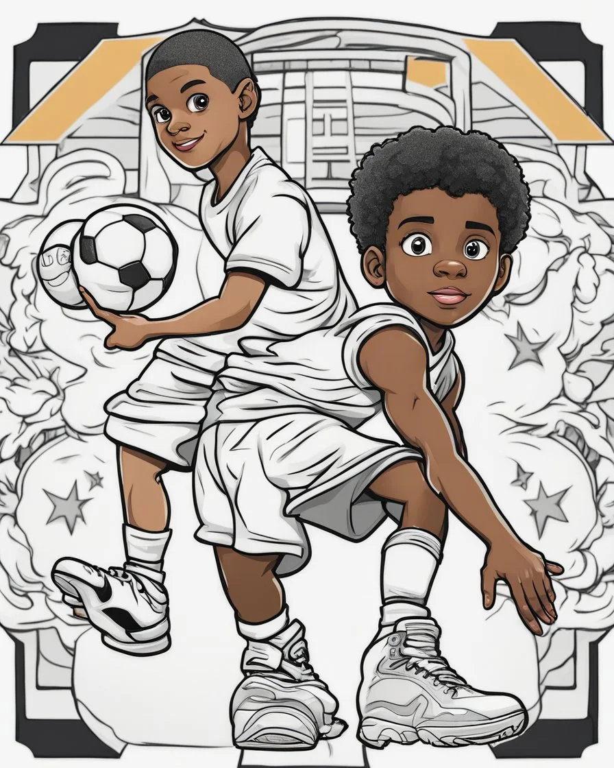 coloring page, depicting a black kid as an Athlete, full body, outline, black and white, highly defined, white background, empty background, cartoon style, coloring book style