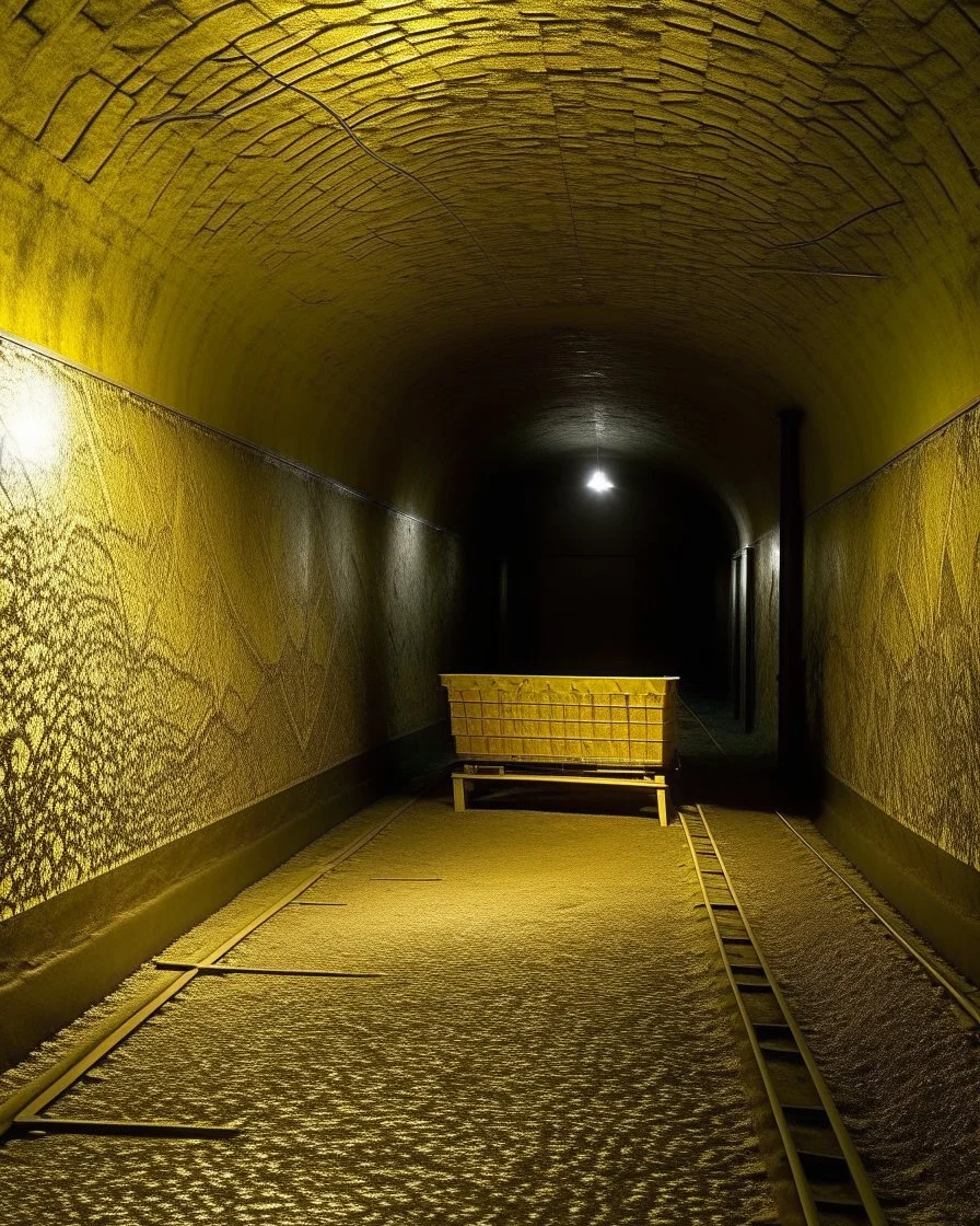 A yellow underground with drills designed in ancient Greek mosaics painted by Caspar David Friedrich