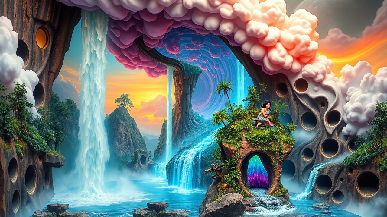 waterfall full of holes with various jungle flowing spiral cloud neon colorful Unique open cliff burning rippled surrealistic artwork with shiny shackled by cliff and sea island, while holding a waterfall doing pulling, the open cavity inside the body is a scene of an ancient Egyptian painting in the Gesang desert 5D diorama, with seven open panels revealing a forest with a thousand shadows, and fantasy triple exposure of a beautiful Balinese girl with magic breast milk and telepathic abilities