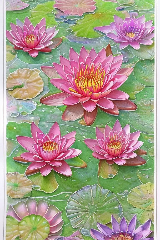 Waterlily flowers watercolor patchwork, fantasy, fantastic, no corners, Kandinsky dot line drawing, highly detailed, exquisitely intricate, beautiful, clear, high quality, colorful Modifiers: Ernst Haeckel Cathrine Abel