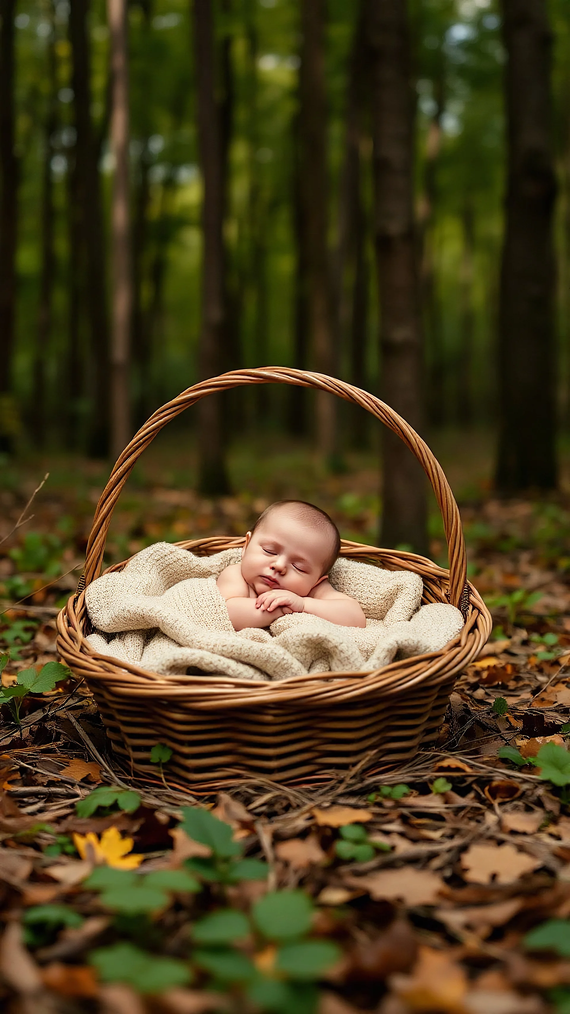 A baby sleeping in a basket in the middle of a forest