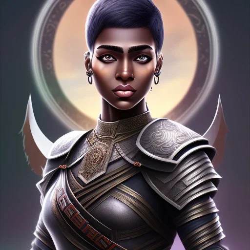 Fantasy setting, woman, dark-skinned, indian, ranger, 23 years old, shaved side haircut