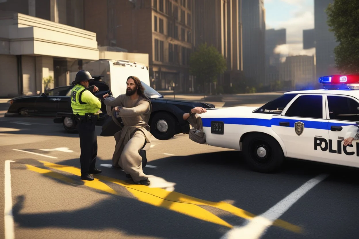 4k full realism, full details, full lights, Jesus se fait arrêter par la police pour excès de vitesse