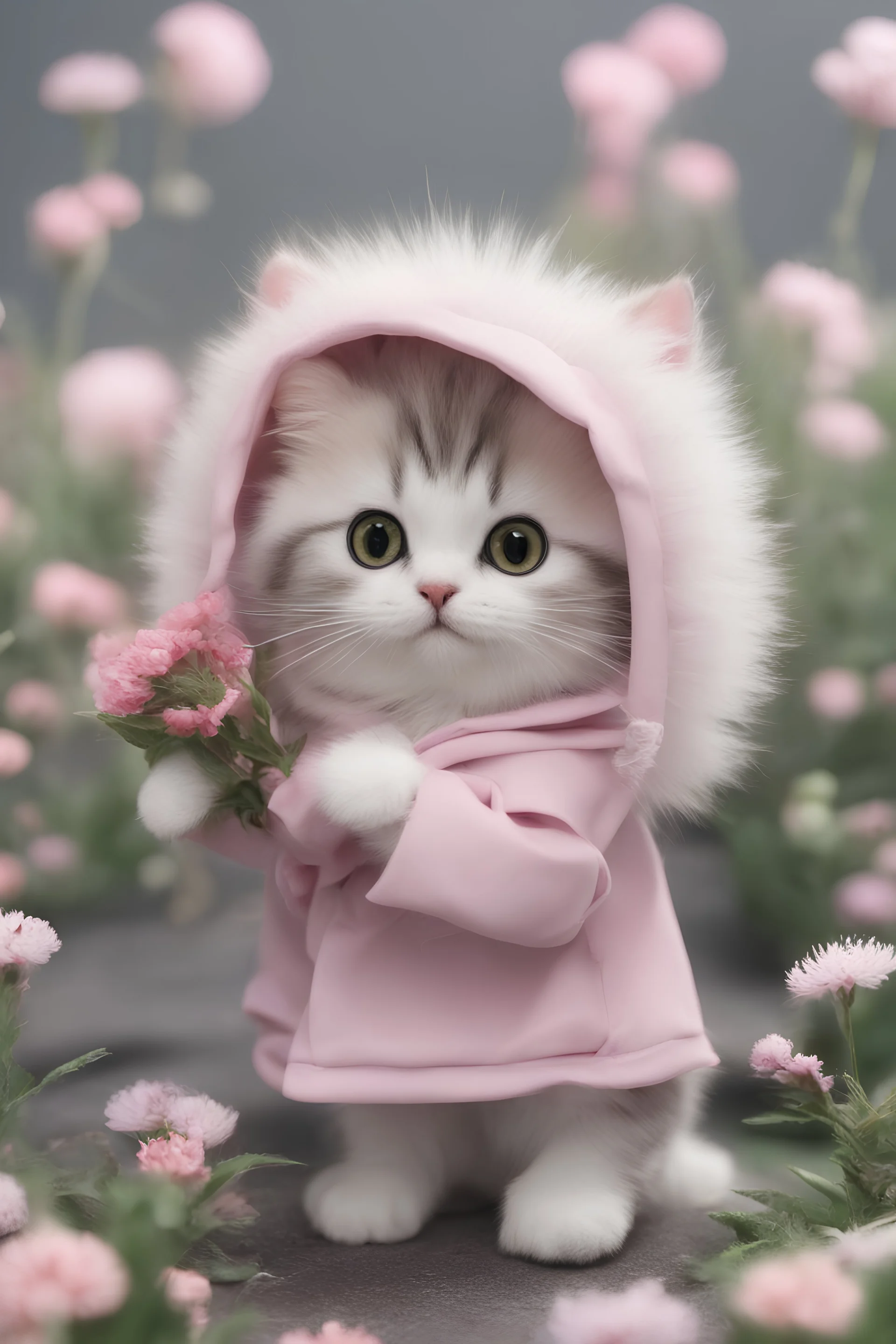 Kawaii cartoon fluffy baby cat raincoat. Chibi, Photograph, Canon DSLR, Tilt - shift, white background, high definition, Complete and coordinated composition, 8k