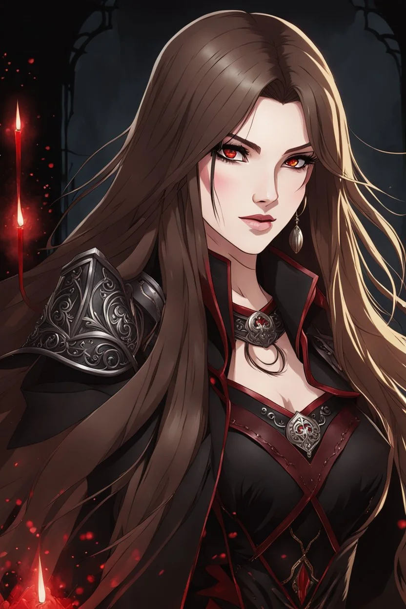 A portrait headshot of a confident looking young woman with pale skin and long brown hair in a dark fantasy setting with intricate details. She is a mage wearing black and read leather, has blood-red eyes, an air of malevolent power surrounds her. Anime style. High definition.