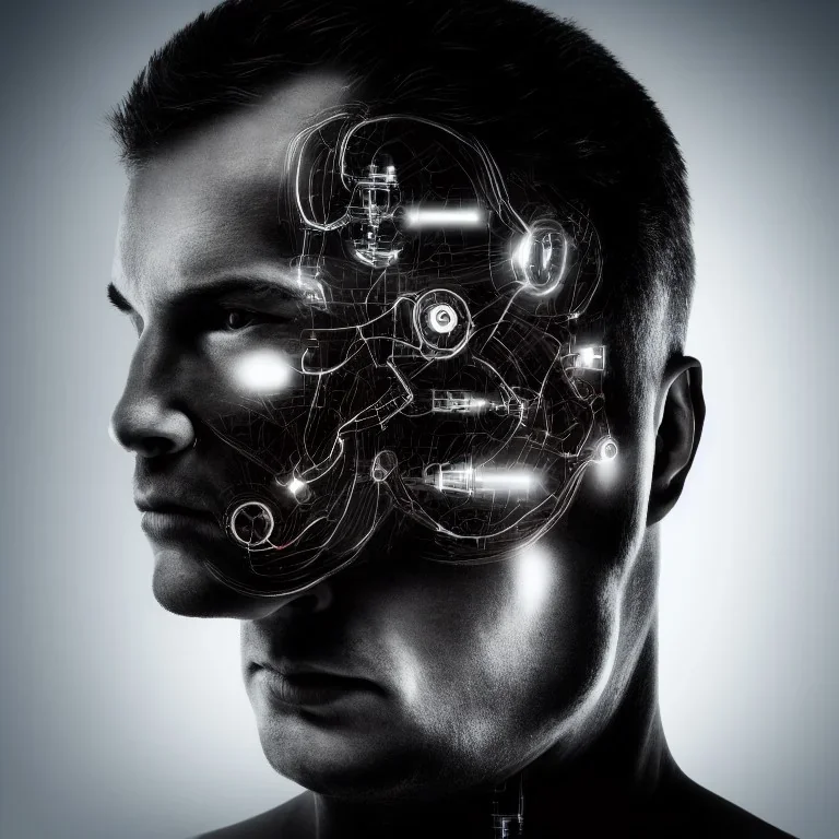 man with 3 head , high detail , face is cyborg , black background