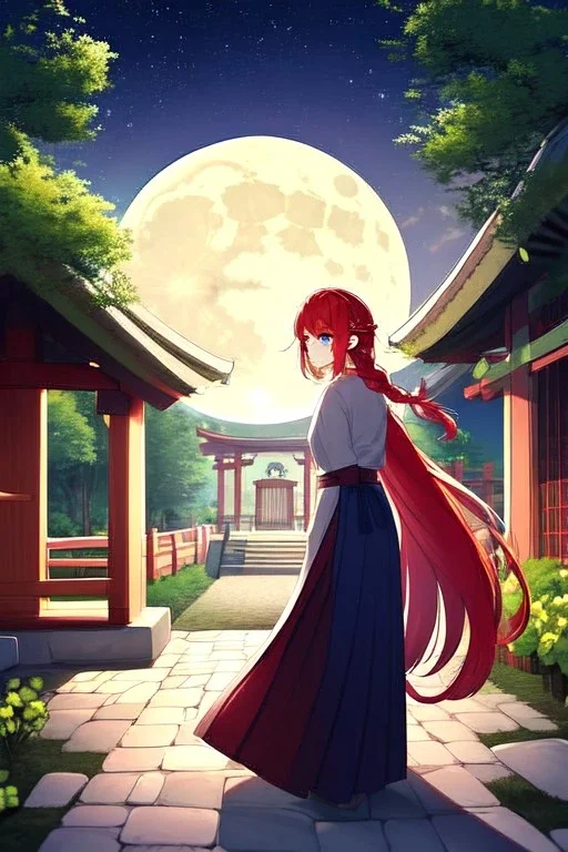 girl, masterpiece, best quality, cinematic lighting, detailed outfit, vibrant colors, perfect eyes, red hair, very long hair, braided ponytail, blue eyes, hakama, shrine, moon, starry sky, plants, stone walkway,