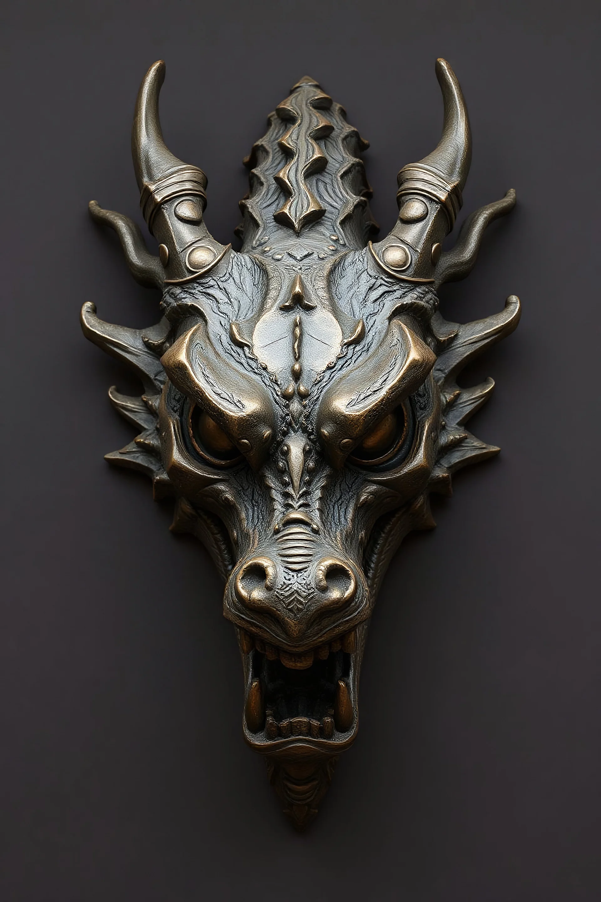 a dynamic highly abstract primitive dragon mask sculpted in the expressive, chaotic style of Russ Mills hand cast in old bronze