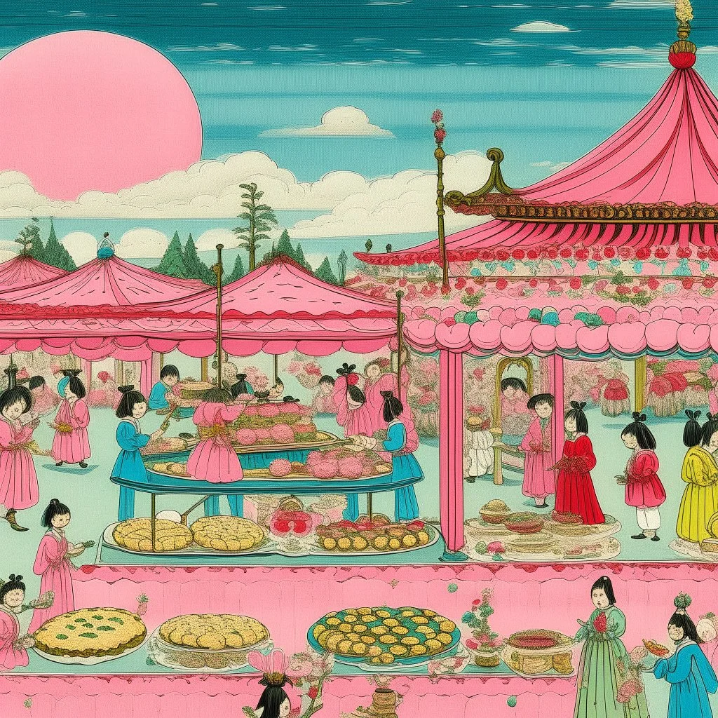 A light pink magical carnival with cookies, donuts, and cakes painted by Utagawa Hiroshige