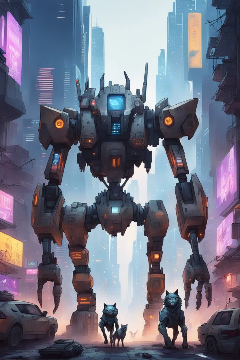 huge mechs hunting cats through cyberpunk city full of cyber cats that looks high tech but primitive like neanderthals