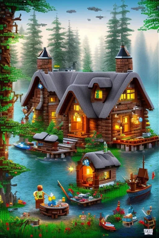 lego cottage in the forest with lake boy girl