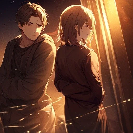 anime couple with day on one side night on the other, stormy night on one half, sunny day on the other half,ballancing scale, couple is standing back to back