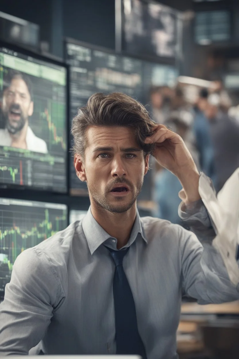 A stock market for ground image, highly realistic, a sudden drop or decrease of stocks, a guy in the background pulling out he's hair of frustration , realistic, 8k