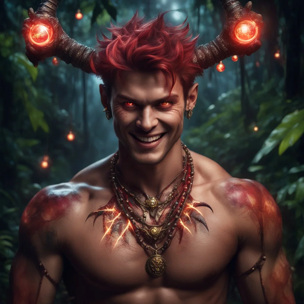 HYPER REALISTIC PHOTOGRAPHIC Middle Angle View Of A Handsome Muscular Young Man With Ritualistic Costume With Bone Necklace Unleashing Glowing Magic Balls, With A Fierce Devilish Smiling Expressions On His Face With Glowing Red Eyes With Short Messy Maroon Hair & Golden Horns In A Dark Dense Jungle At Dark Night With Fireflies Showing Dramatic & Cinematic Ambiance