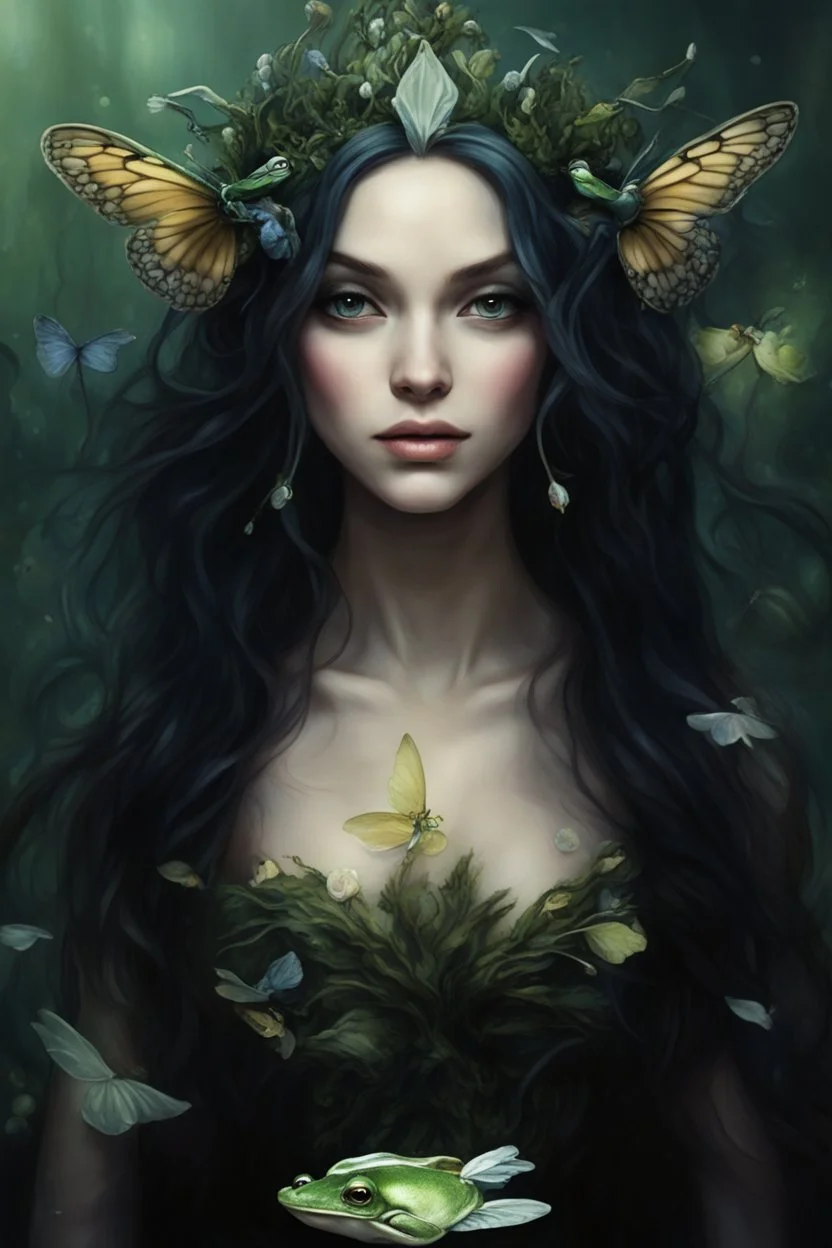 Frogs Water lilies Dark blue long hair Dark Fairy princess rapunzel hair queen crown butterflies dragonflies fireflies elven tiara flowers fairy wings emerald moss saphire