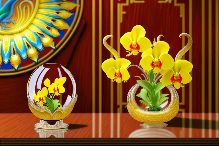 1512857901 hypersigil photograph of a beautiful yellow and red orchid in a clear glass rococo inspired vase on a mirrored deco themed end table in a shadowy corner of a nouveau era room with wood paneling in the style of Robert maplethorpe, tropical birds, lizards, snakes, insects, gorgeous, shamanic, ethereal, photorealistic, embellishments, long shot, wide shot, dof, deep focus, 3d render