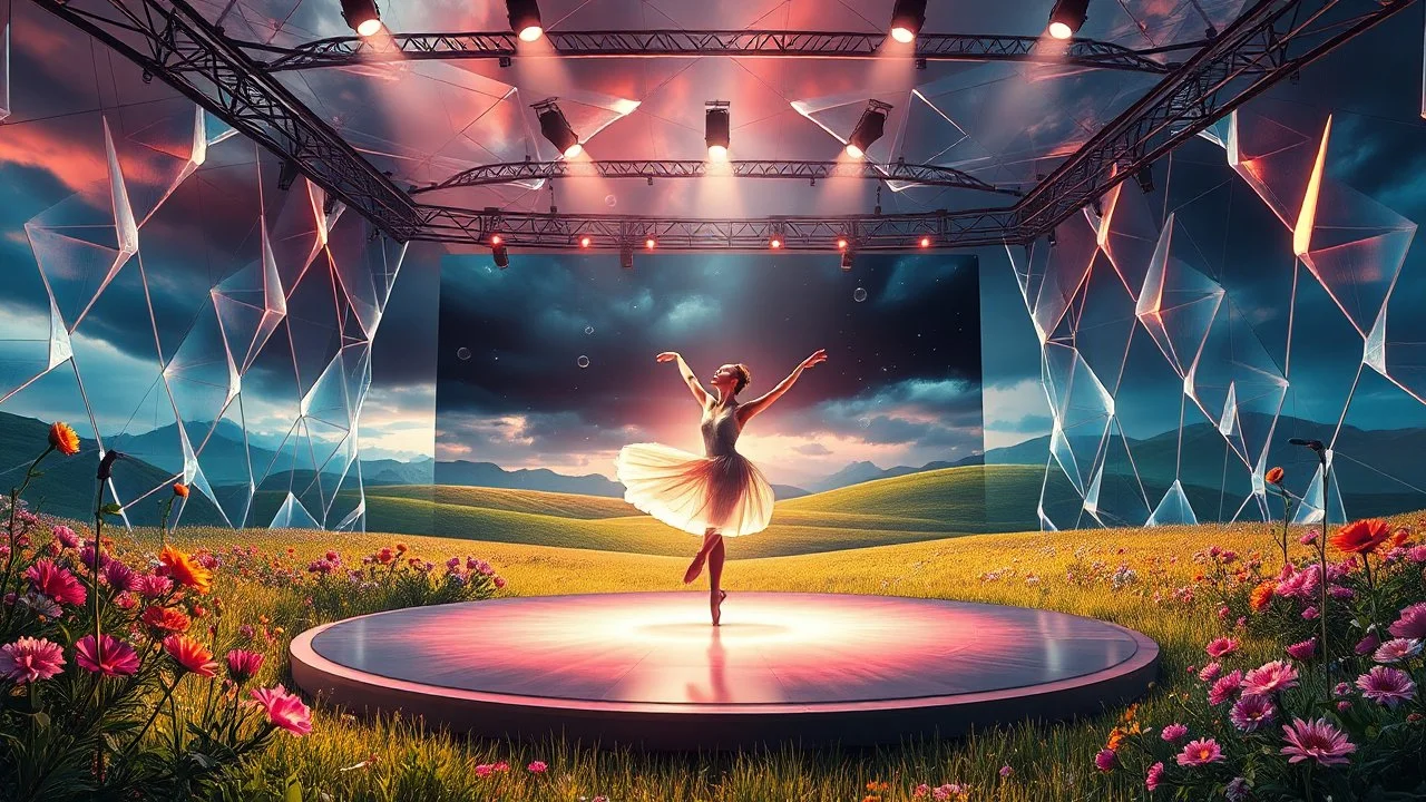 Dynamic cifi country side ,hypnotic of 3D structures Symmetry twisting and morphing between cifi plants , cifi flowers and metal geometric 3d structures buildings ,cifi cars, and an open cifi stage with a beautiful lady dancer in stage,a future pretty lady singer presenting in a big tv screen her performance in it,smooth translucent iridescent glass with inner glow and bubbles, varied transparent materials, stormy skies, intense dramatic a very beautiful ballerinais playing ballet