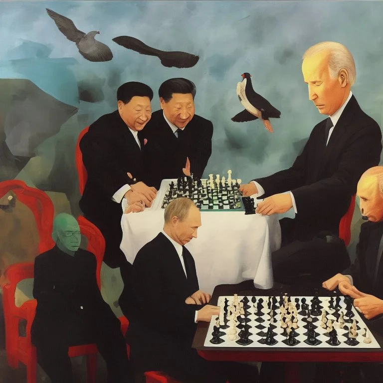 Putin, President Xi Of China And Joe Biden Play Chess With A Pigeon,Ufo,Complex Surgical Instruments Intermixed With A Newborn Boy,Minimalism,Painting By Adrian Ghenie,Rene Magritte,Pablo Picasso,Michelangelo,Salvador Dali,Lucian Freud