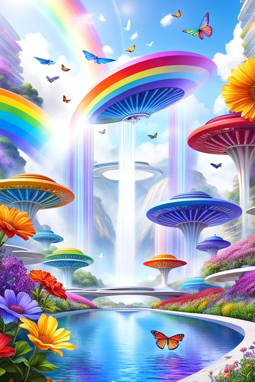 colors, very beautiful, flowers garden,rainbow, cité très futuriste ultra moderne, ufos rainbow, ufos fleet, intergalactic, birds, butterfly, cascades, waterfalls