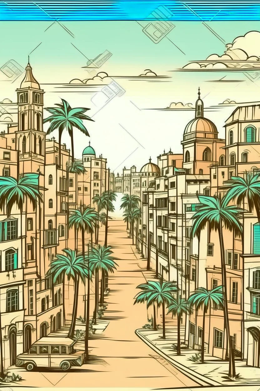 a city with palm trees old cartoon