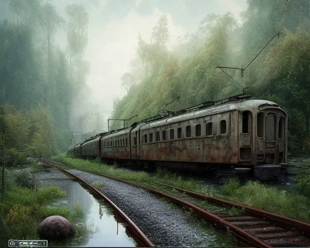 an abandoned train on tracks overgrown by nature with large puddles of water flooding part of tracks, 8k resolution, high-quality, fine-detail, intricate, digital art, detailed matte, volumetric lighting, illustration, 3D octane render, brian froud, howard lyon, selina french, anna dittmann, annie stokes, lisa parker, greg rutowski