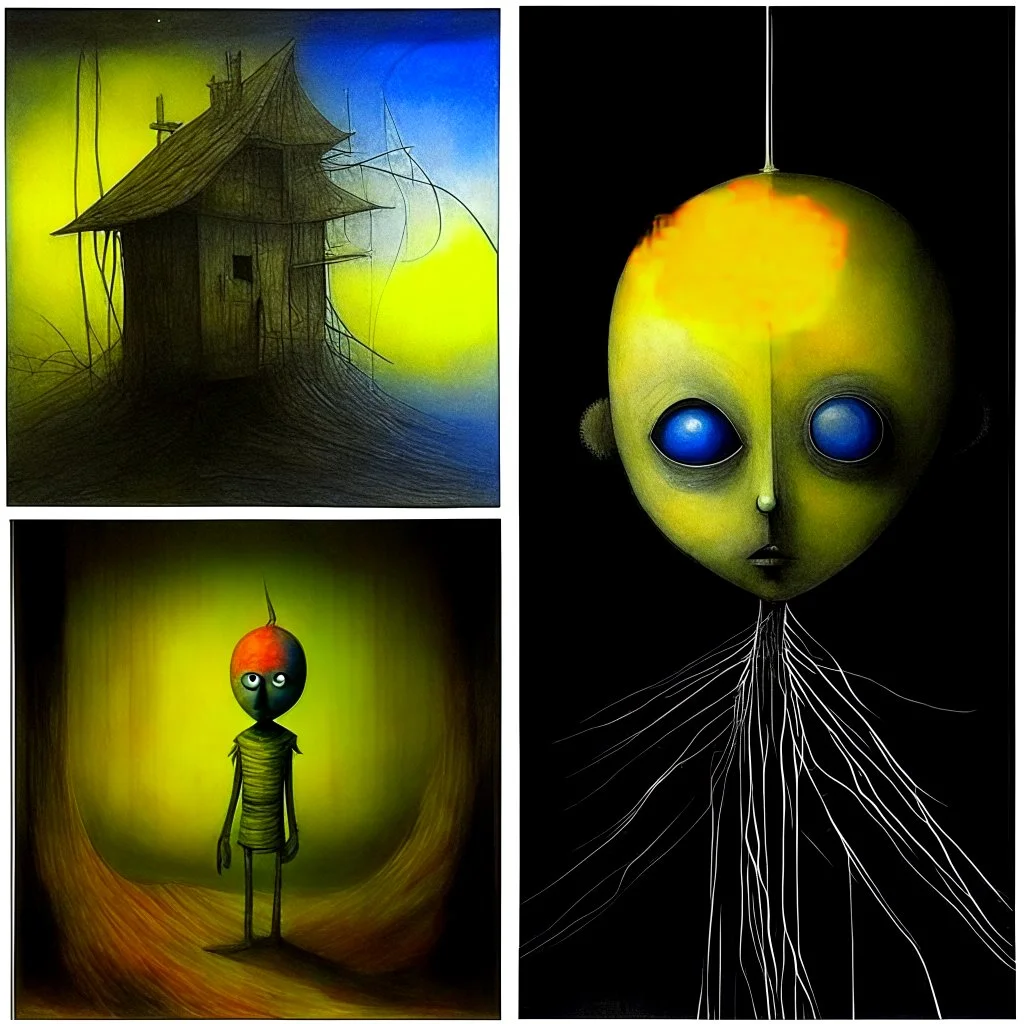 Style by Pawel Kuczynski and Joan Miro and Stephen Gammell, abstract surreal art, a great trick played beyond the void, gestalt metaphysical connections, lunatic shine textures,