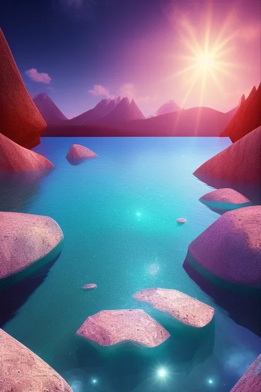 lac turquoise, rocher avec mousse, soleil, etoile filante, cristaux, vray