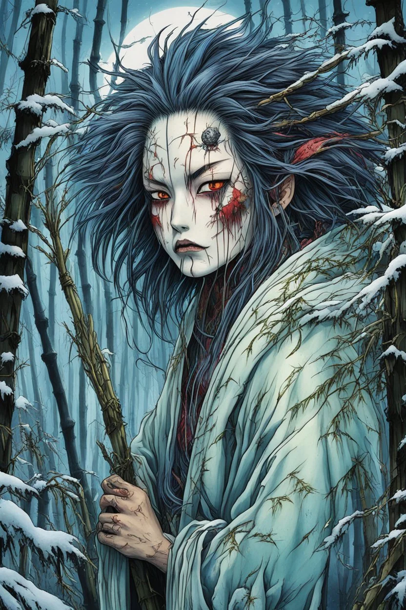 full color front facing portrait of a haggard and malevolent Harionago yokai "Barbed Woman" with wild, highly detailed hair and slim, narrow facial features, in a haunted snow clad, winter mountain bamboo forest, pierced by shafts of moonlight , art in the style of Alex Pardee, spirited away, studio ghibli, , 8k , finely detailed and precise line work, soft gauzy pastel colors