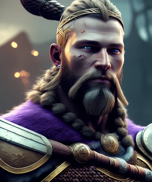 A strong and muscular viking portrait with scars and metal face , purple and fire colours, atmospheric, realistic, unreal engine, cinematic lighting, octane render, 8k.