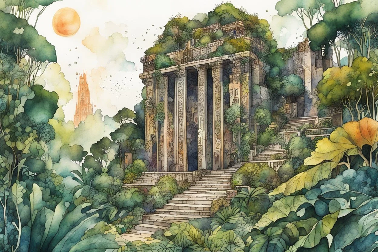 random watercolor Zentangle patterns in the styles of Gustav Klimt ,Wassily Kandinsky, Alphonse Mucha, and Kay Nielsen that depicts the crumbling ruins of an ancient Mayan city, obscured by the overgrowth of the Yucatan jungle, with fine ink outlining