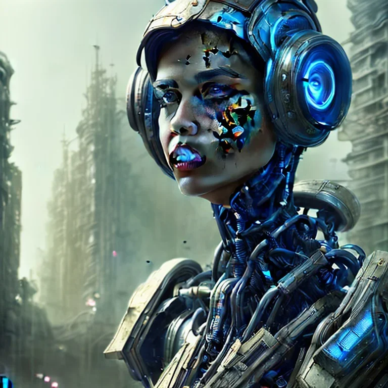 portrait,beautiful robot, post-apocalyptic in a cyberpunk city, realistic, intriacte detail, sci-fi fantasy style, volumetric lighting, particales,highly detailed,cinamatic, deep colours,8k