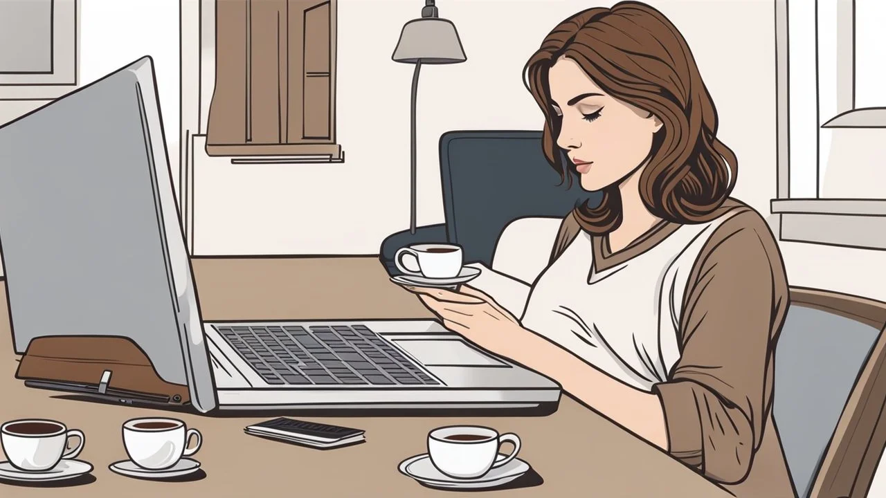 a woman lying under a bed and working on a laptop, she has half-length brown hair and wearing pajamas , pale light, half socks and a mug of coffee next to her, high detalied, sharp focus, perfect shot