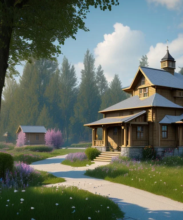 Cartoon dog looking at a small house|mdjrny-v4 style| wide angle| intricate detailed| hyperrealistic| cinematic lighting| cinematic colors|hdr | unreal engine