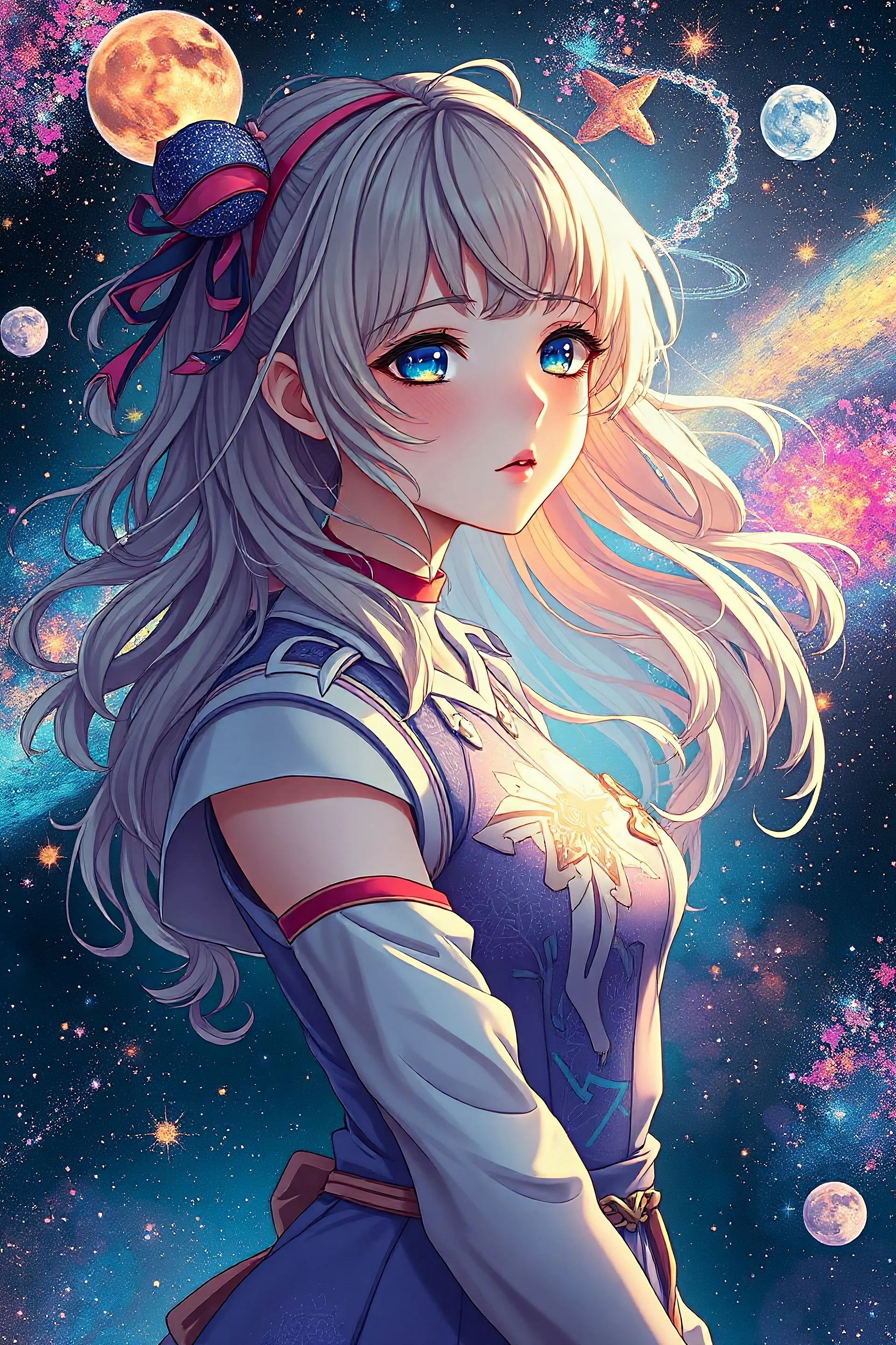 an image of a woman with colorful hair, anime girl with cosmic hair, girl in space, anime art nouveau cosmic display, dreamy psychedelic anime, anime abstract art, portrait anime space cadet girl, hiroyuki-mitsume takahashi, blonde girl in a cosmic dress, space art, beautiful anime art style, android jones and atey ghailan, cgsociety hyperrealistic, full body, detailed clothing, highly detailed, cinematic lighting, stunningly beautiful, intricate, sharp focus, f/1. 8, 85mm, (centered image compo