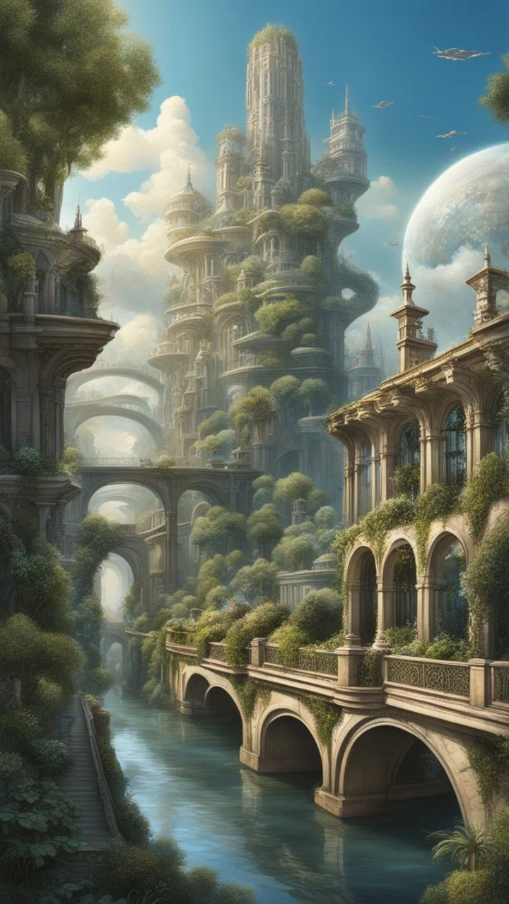 A futuristic alien city, with balconies, verandas, many arches, bridges, spires, paths, trees, dense foliage, Spanish moss, ivy, river, blue sky, white clouds.industry revolution new age, new-age theme, hyper realistic city with galaxy sky .beautiful Goddess of Healing and Well-being