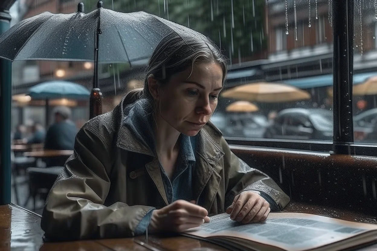 Woman reading in a cafe, while it rains on the city street, real photography, photojournalism, 16K, shot with a 35mm Leica camera