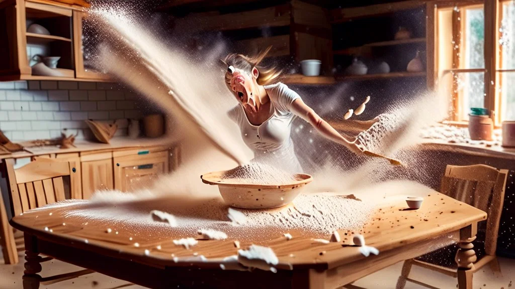 wooden table with invisible tabletop while woman sprinkles flour all over the room frantically