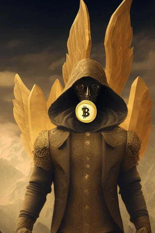 running berserker portrait , no face, black jogging suite , in the night Alps , holding bitcoin , angels background, volumetric gold light, high detail, dark leaf tree, dark mountains in background, perfect